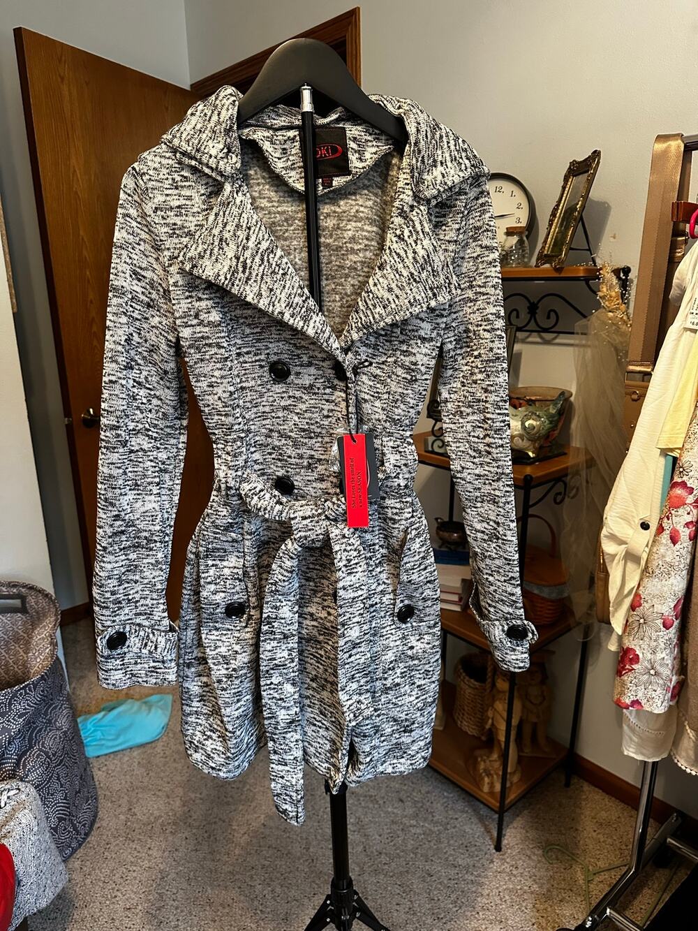 Yoki Women's Marled Knit Double Breasted Trench Coat Belted Sweater Jacket L NWT